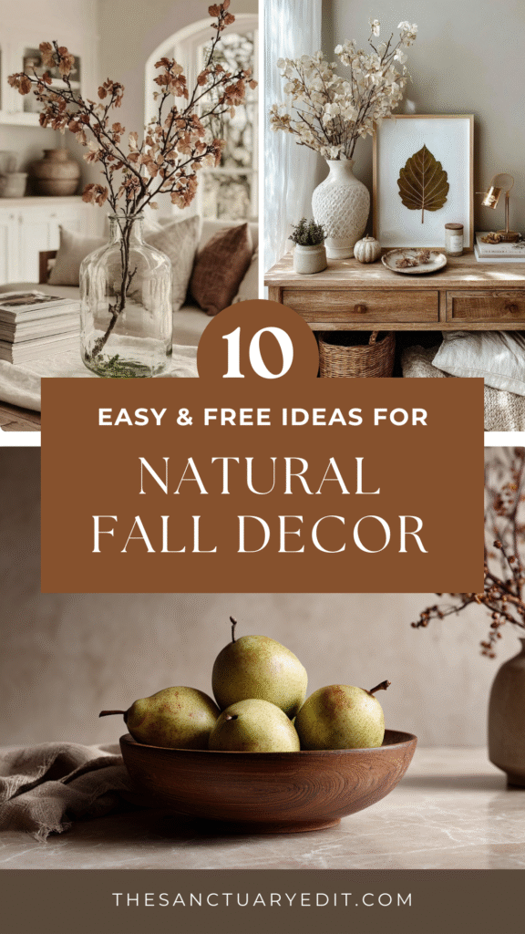 natural-fall-decor1 10 easy ideas for natural fall decor featuring rustic vases, autumn leaves, and a bowl of pears.