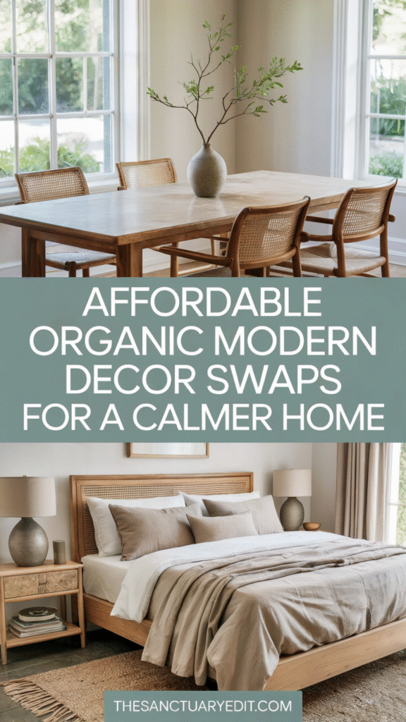 Modern dining and bedroom with organic decor for a serene home. Affordable swaps for a calm atmosphere.