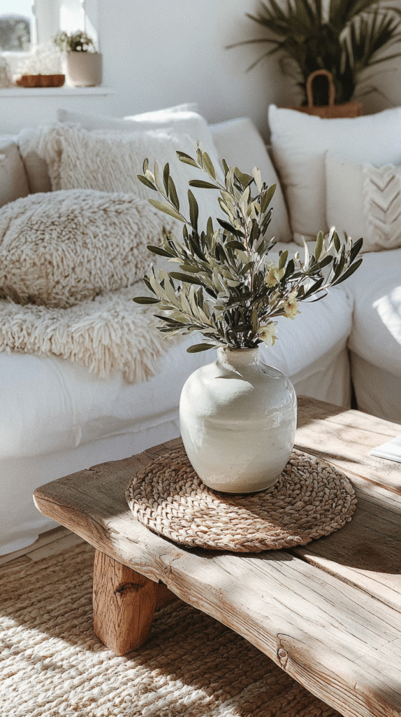 a vase with greenery sits on top of a rattan mat on a wooden coffee table