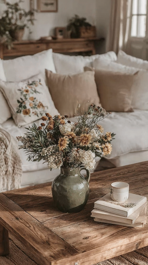 peaceful-nervous-system-sanctuary-declutter Rustic living room with floral vase on wooden table, cozy pillows on white sofa, and books with a coffee cup.
