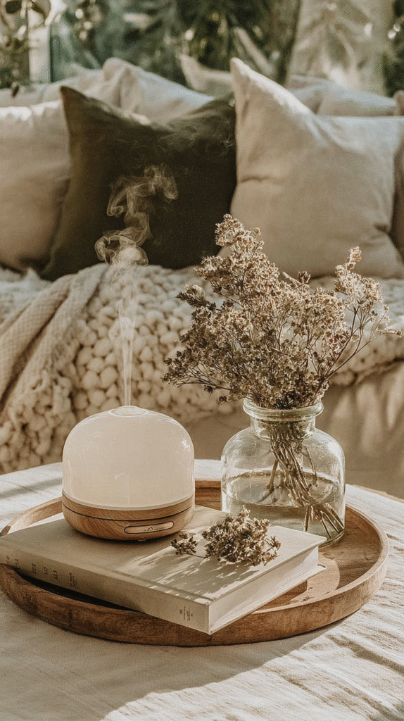 peaceful-nervous-system-sanctuary-diffuser Cozy living room with an essential oil diffuser and dried flowers on a tray for relaxation and aromatherapy.