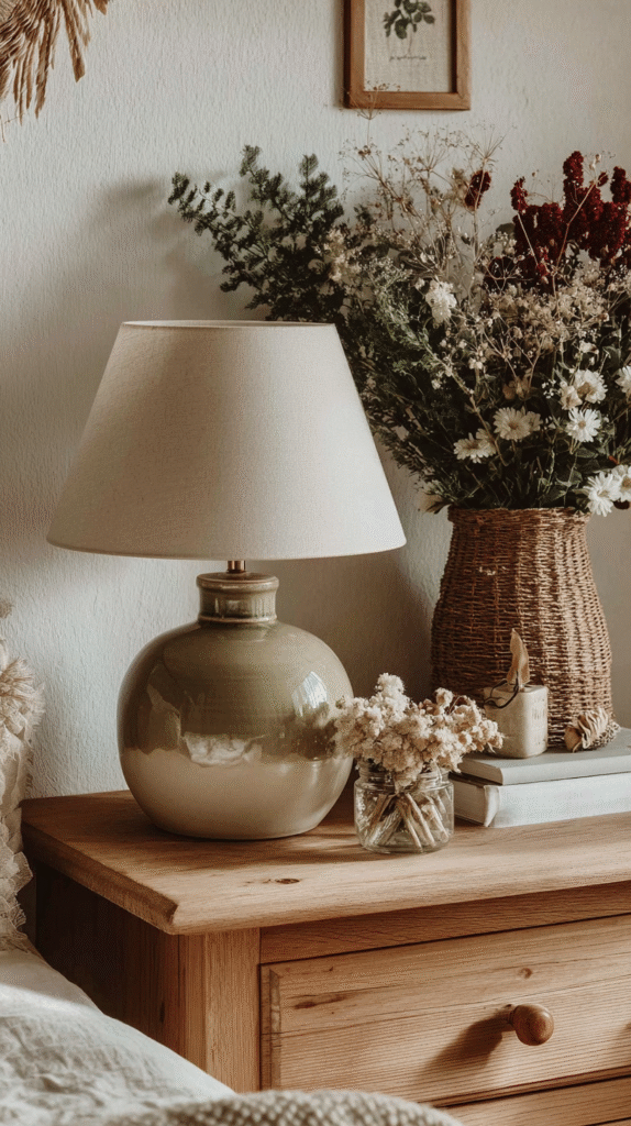 peaceful-nervous-system-sanctuary-lamp Cozy bedside table with ceramic lamp, dried flowers, and wicker basket in a rustic bedroom setting.