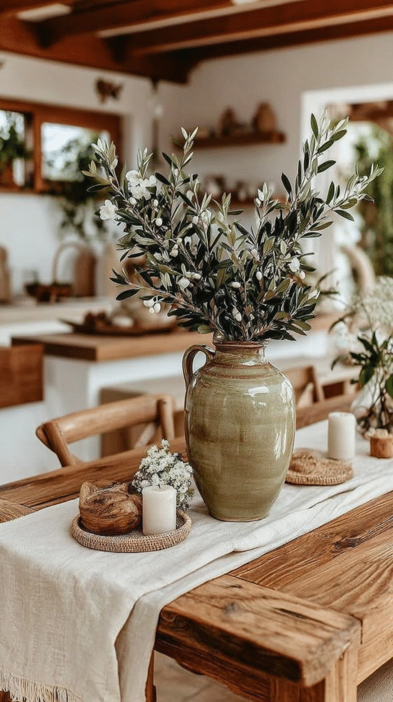peaceful-nervous-system-sanctuary-nature Rustic kitchen with olive branches in ceramic vase on wooden table decor.