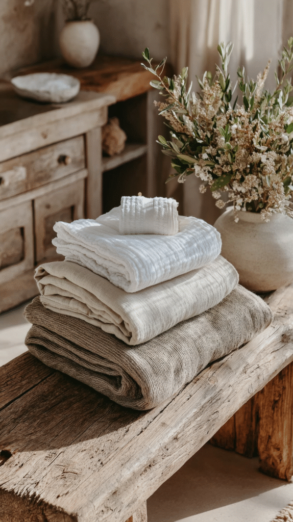 peaceful-nervous-system-sanctuary-refresh Stack of folded linens on a rustic wooden table next to a vase with flowers in a cozy home setting.