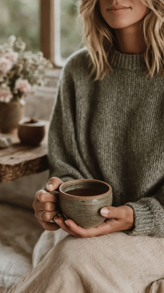 peaceful-nervous-system-sanctuary-rituals Woman in cozy sweater holding a ceramic mug, sitting by a rustic table with flowers. Warm, relaxing atmosphere.