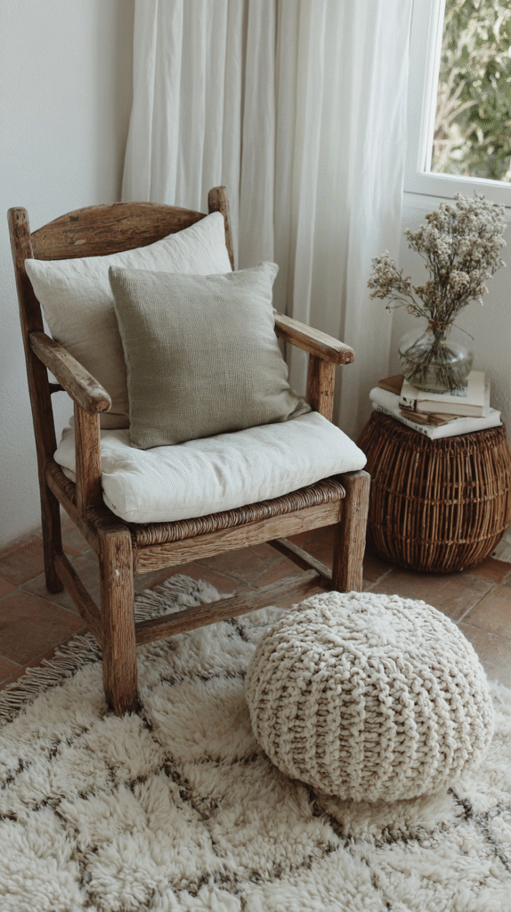 peaceful-nervous-system-sanctuary-sound Cozy corner with a rustic wooden chair, soft cushions, and a knitted pouf on a patterned rug.
