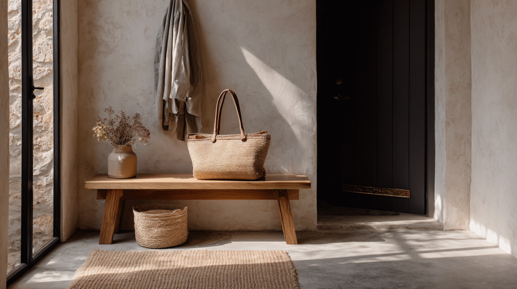 Modern rustic entryway with woven bag on wooden bench, textured wall, and natural light. Cozy decor setting.