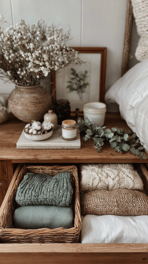 Cozy bedroom decor with knitwear in basket, dried flowers, and candles on wooden nightstand for a rustic feel.