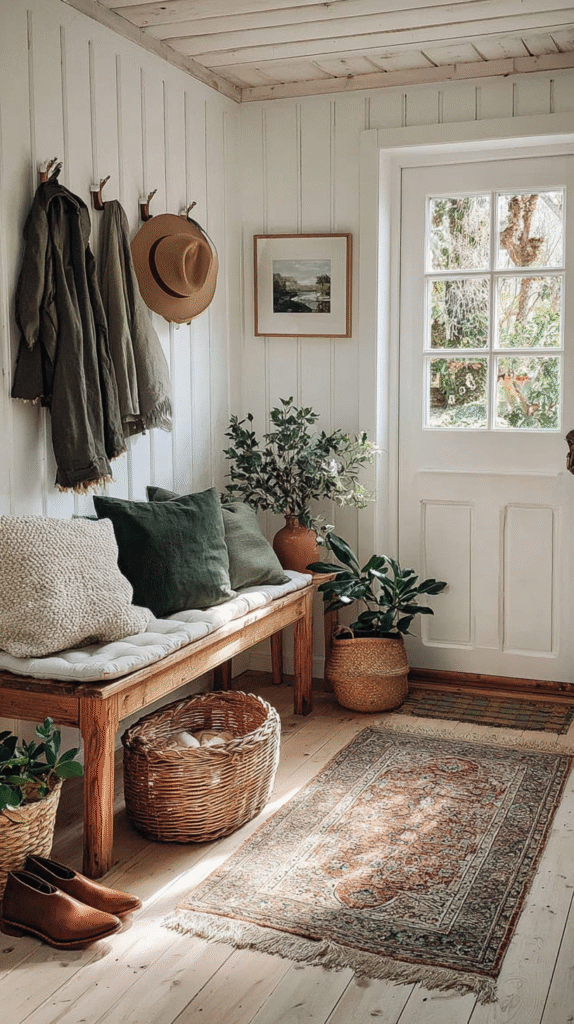 Cozy entryway with bench, cushions, plants, and hanging coats. Rustic decor with natural light and woven baskets.