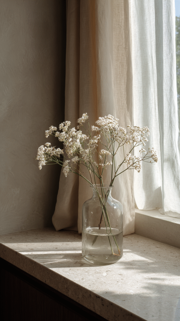 Delicate white flowers in a clear glass vase by a sunlit window with beige curtains, creating a serene and calming scene.