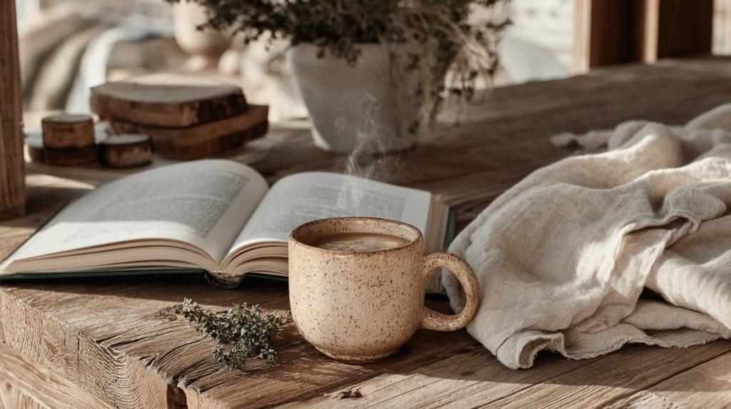 Cozy scene with steaming coffee mug, open book, and soft fabric on rustic wood table. Relaxed reading atmosphere.
