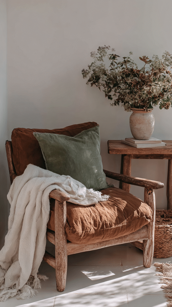 start-slow-living-corner Cozy armchair with cushions and a throw next to a wooden table with a vase and books, in a sunlit room.