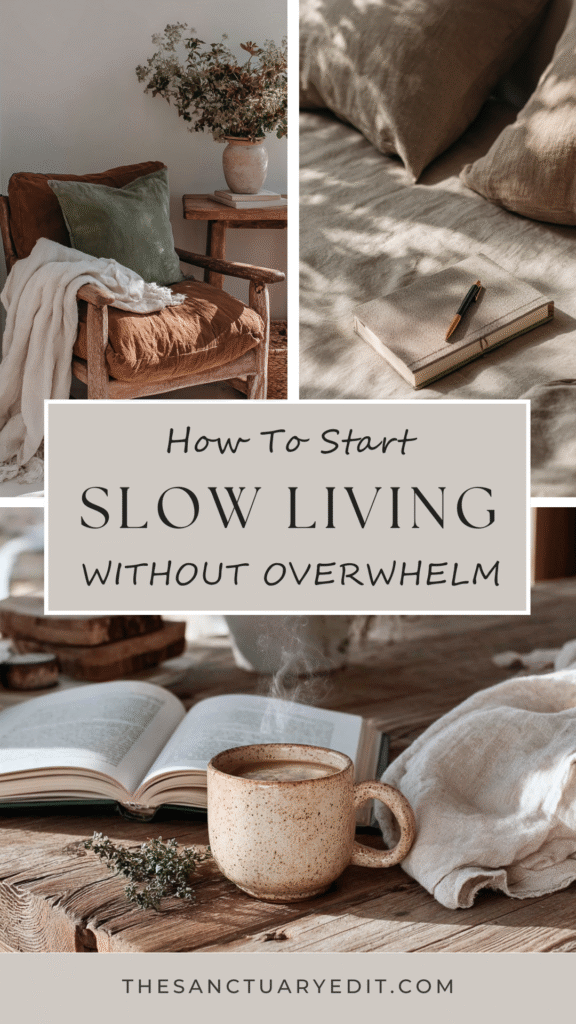 start-slow-living-lifestyle Cozy slow living setup with coffee, open book, and comfy chair for unwinding without overwhelm.