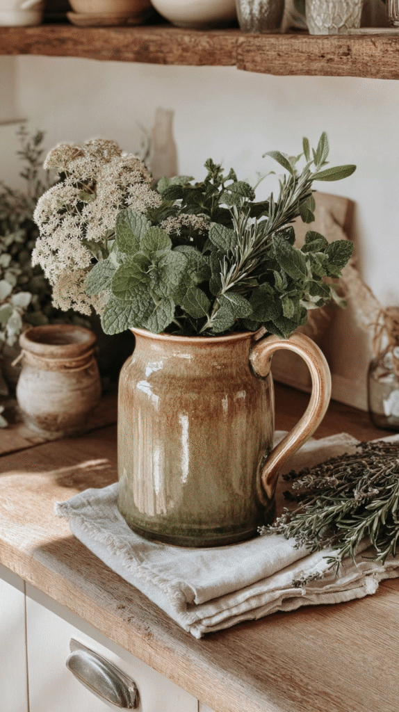 start-slow-living-nature Rustic ceramic jug with fresh herbs and flowers on a wooden kitchen counter, creating a cozy, natural decor vibe.