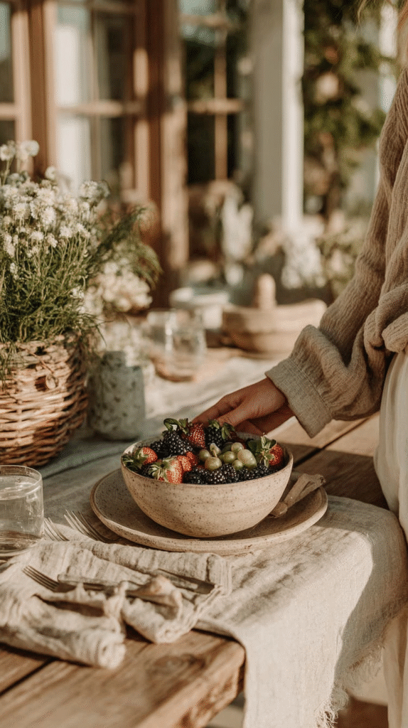 start-slow-living-produce Bowl of fresh berries and grapes on a rustic table surrounded by flowers and soft light.