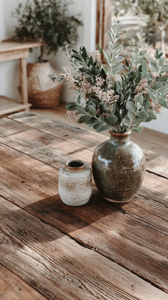 start-slow-living-surface Ceramic pots with greenery on rustic wooden table in natural light.