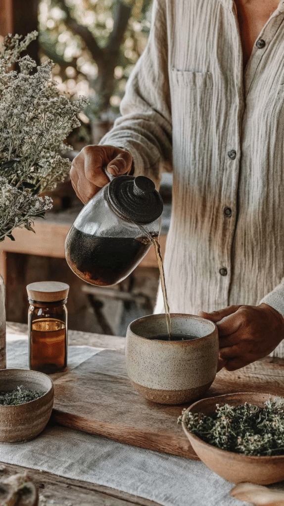 start-slow-living-tea Person pouring herbal tea from a glass pot into a ceramic cup on a rustic wooden table with flowers and herbs.