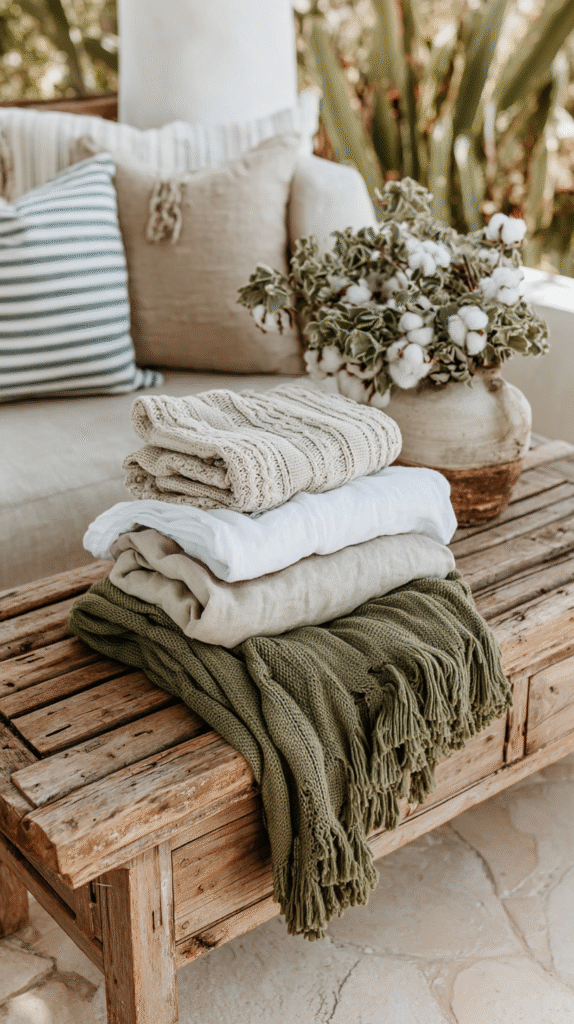 start-slow-living-textures Cozy blankets stacked on rustic wooden table, with cotton plant decor in a serene setting. Perfect for home comfort.
