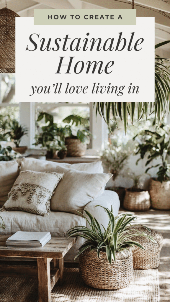 sustainable-home1 Cozy, sustainable home interior with plants and wooden decor promoting eco-friendly living spaces.
