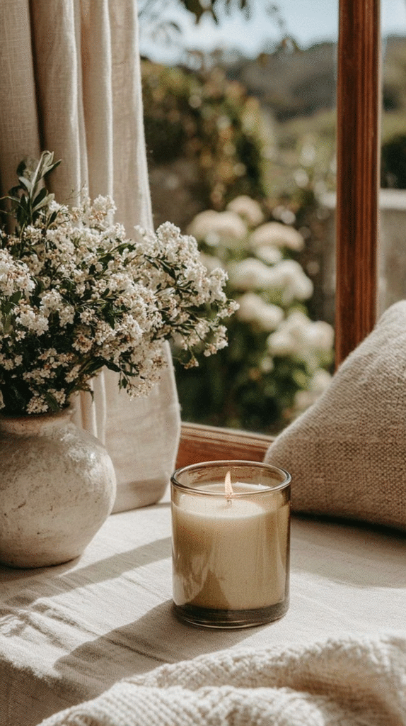 weekly-reset-candle Cozy home setting with a lit candle, white flowers in a vase, and a sunny window view.