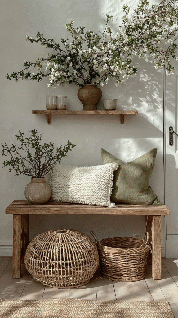 weekly-reset-entryway Cozy minimalist decor with wooden bench, green and white cushions, wicker baskets, and potted plants in natural light.