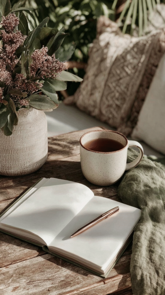 weekly-reset-journal Cozy setting with a notebook, pen, and coffee cup on a rustic table with plants and soft pillows in the background.
