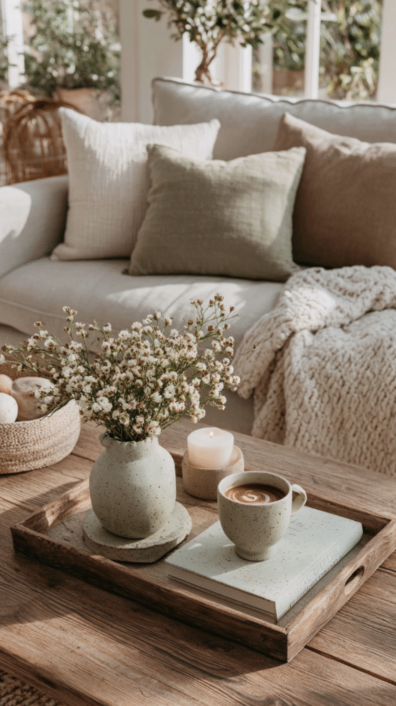 weekly-reset-table Cozy living room with flowers, pillows, blanket, and coffee on a wooden tray for a peaceful ambiance.