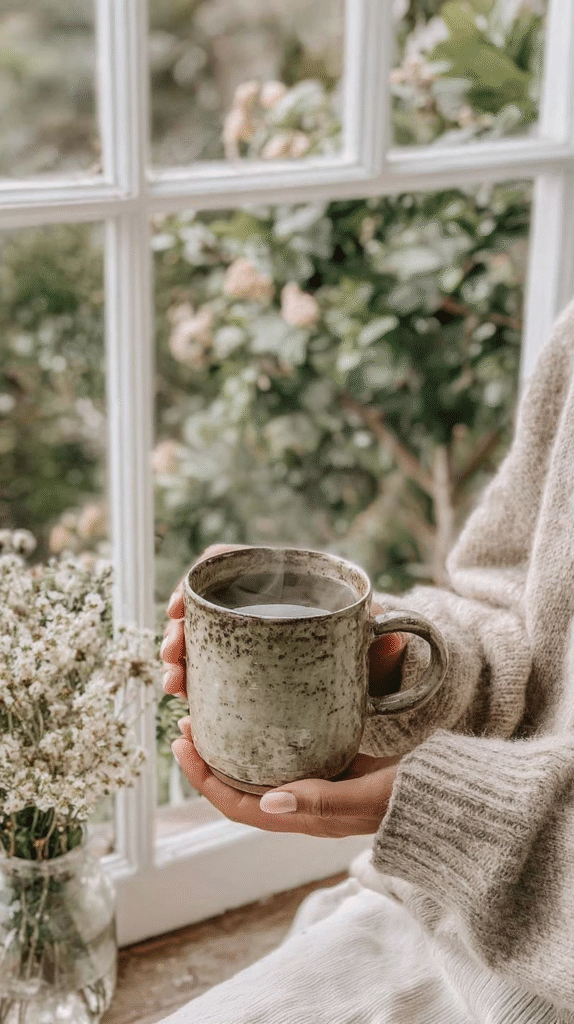 weekly-reset-tea Cozy morning with coffee cup by a window, surrounded by flowers and greenery. Serenity and warmth captured.