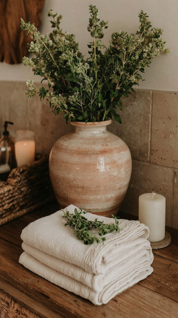 weekly-reset-vase Rustic vase with greenery next to folded towels and a candle on a wooden table for a cozy, natural decor.