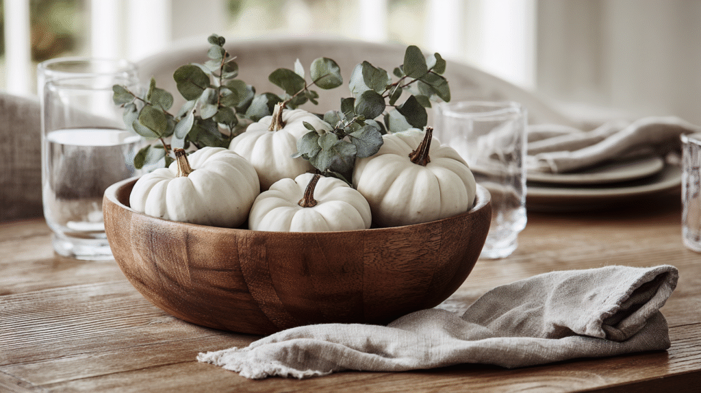 Rustic wooden bowl with white pumpkins and greenery on a wooden table, perfect for fall decor.