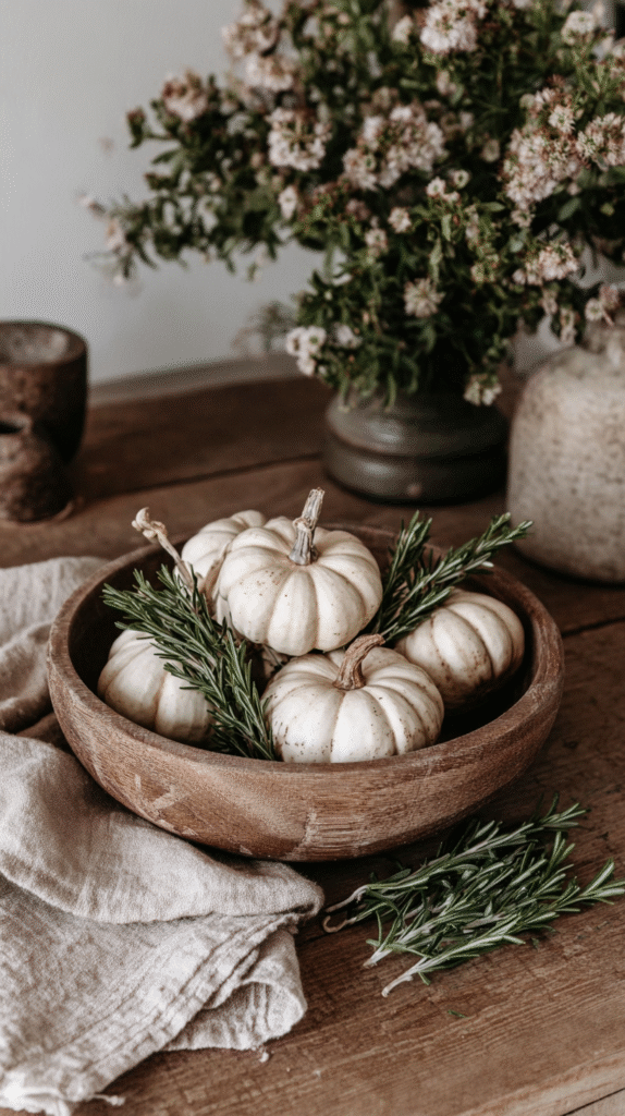 Wooden bowl with white pumpkins and rosemary on a rustic table, autumn decoration concept.