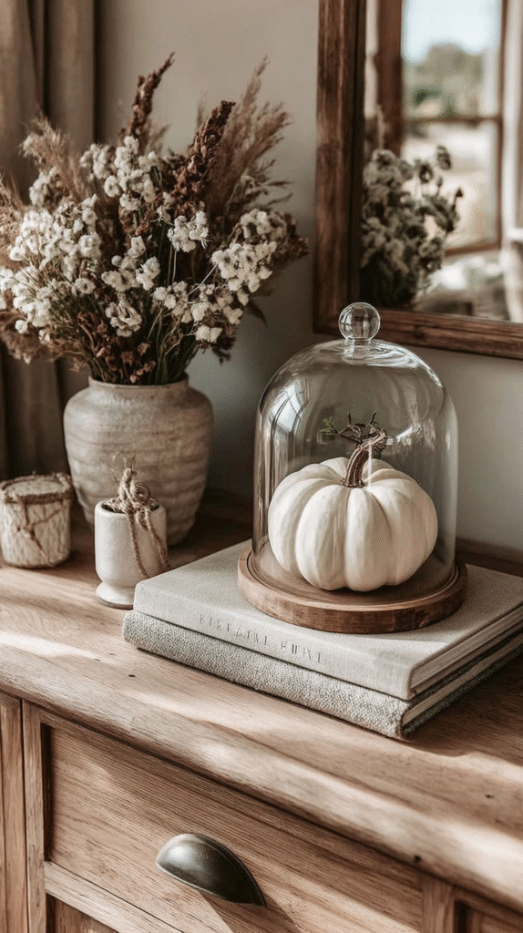White pumpkin under glass dome with rustic decor and dried flowers on wooden dresser. Cozy autumn home setting.
