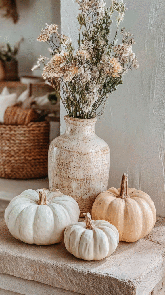 Ceramic vase with dried flowers and three white pumpkins on stone shelf, creating a cozy autumn decor setting.