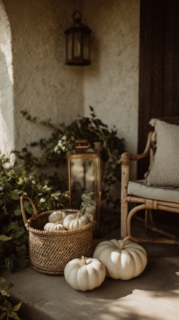 White pumpkins in a wicker basket on a cozy porch with a lantern and chair, creating an autumnal decorative scene.