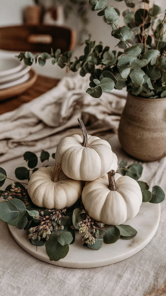 Three white pumpkins on leafy arrangement in rustic setting, perfect for fall decor inspiration.
