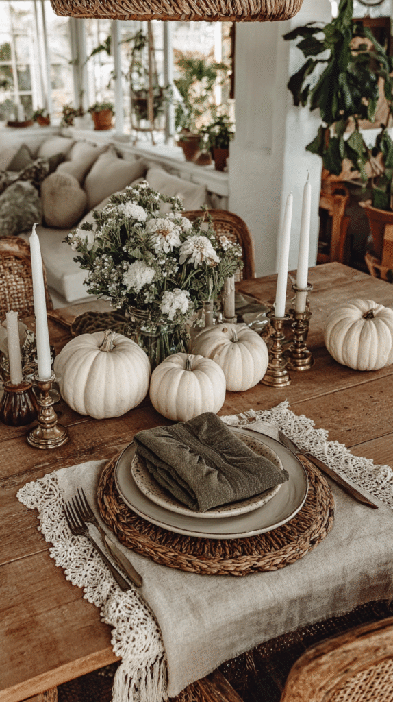 Rustic autumn table setting with white pumpkins, candles, and floral centerpiece on a wooden table. Cozy fall decor.
