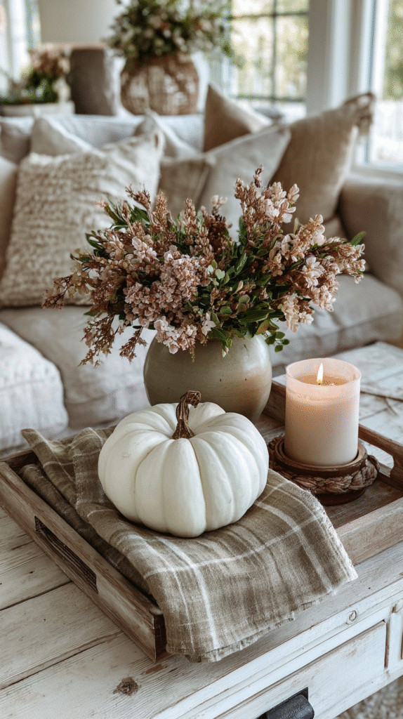 White pumpkin, candle, and flowers on a cozy wooden tray setting in a rustic living room.