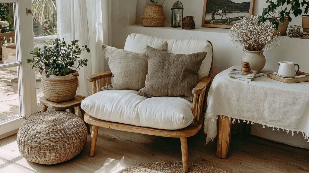 Cozy living room with a wooden chair, cushions, plants, and a table setting by a sunlit window. Neutral, calming decor.