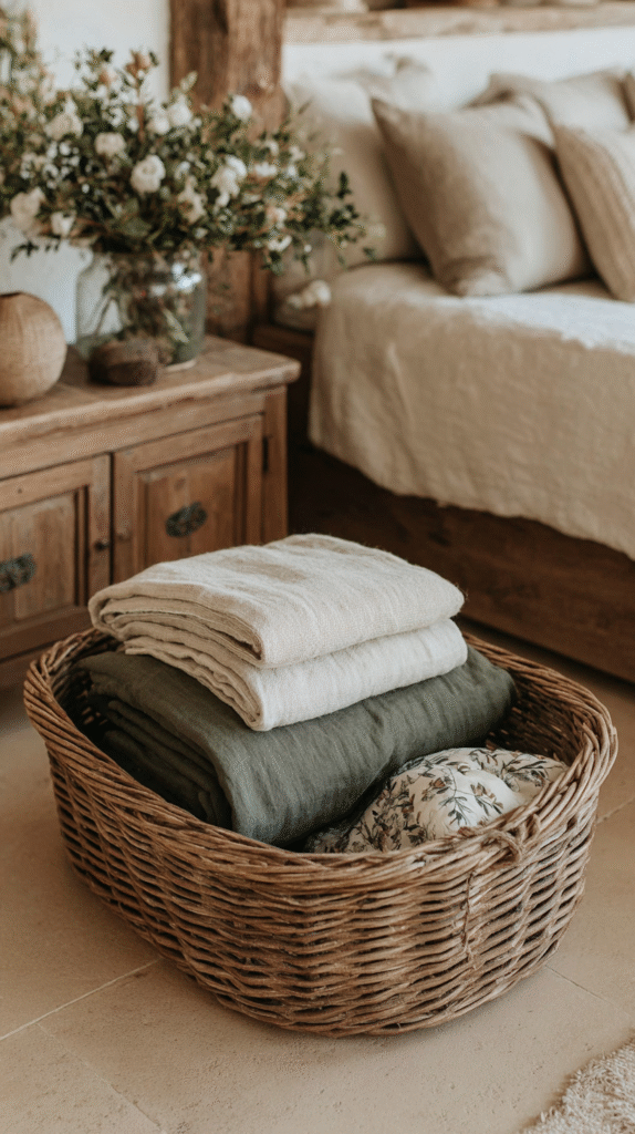 15-minute-decluttering-basket Cozy bedroom with basket of folded linens and rustic decor, creating a warm and inviting atmosphere.