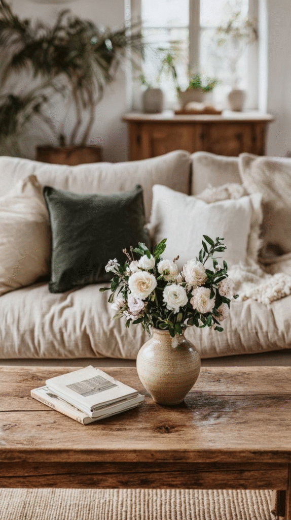 15-minute-decluttering-coffee-table Cozy living room with beige sofa, green pillow, and floral arrangement on wooden coffee table near window.