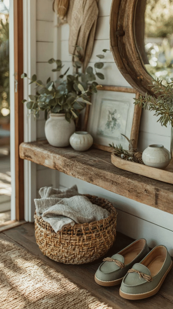 15-minute-decluttering-entryway Cozy rustic entryway with wooden shelf, woven basket, loafers, and potted plants for a warm, welcoming atmosphere.
