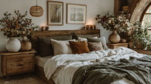 Cozy rustic bedroom with wooden furniture, lush plants, and neutral-toned bedding, exuding a warm, inviting ambiance.
