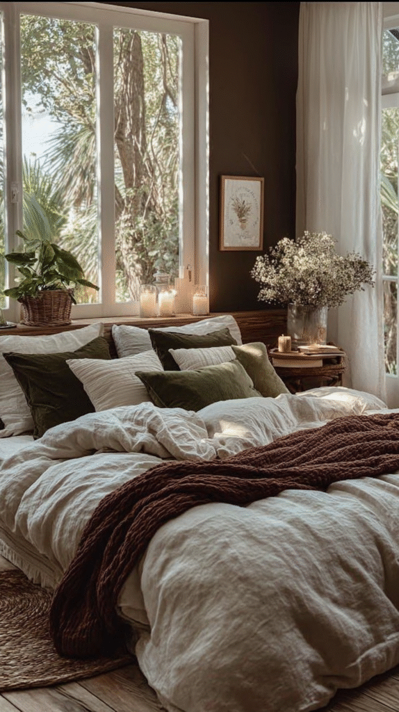 Cozy bedroom with large windows, lush plants, and soft, layered bedding creating a serene, inviting atmosphere.