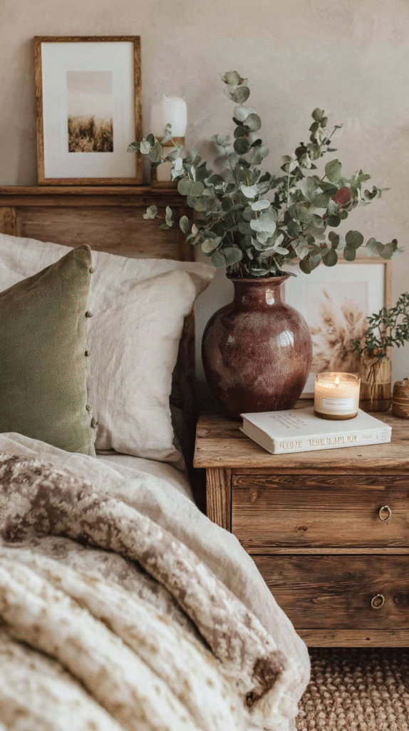 Cozy bedroom with rustic decor, eucalyptus vase, candle, and framed art on a wooden nightstand. Warm, inviting ambiance.