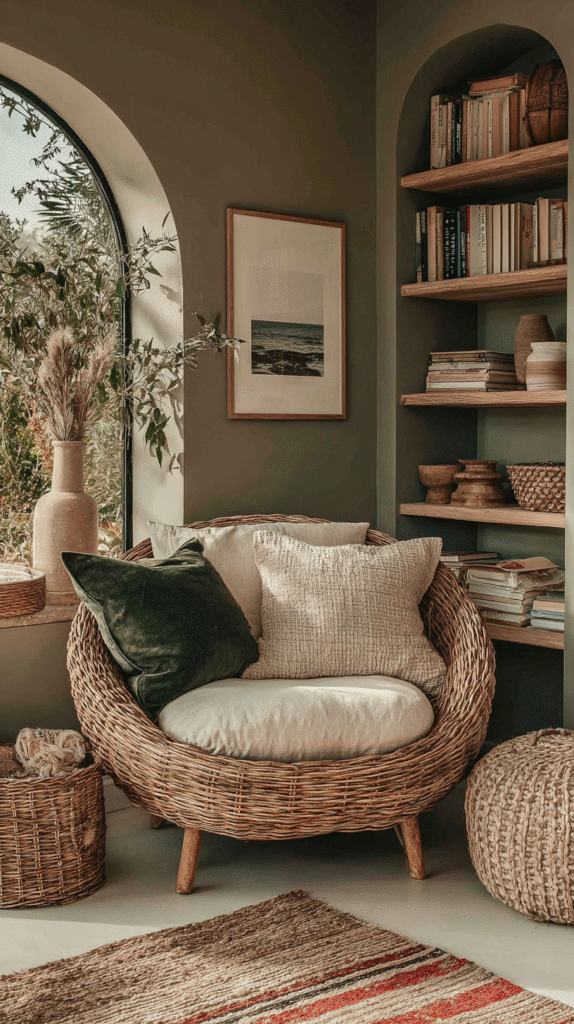 Cozy nook with wicker chair, cushions, bookshelves, and window view, styled in earthy, warm tones for relaxation.