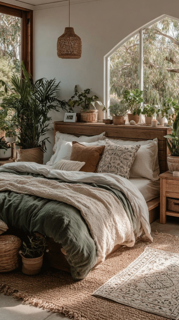 Cozy bedroom with green plants, wooden furniture, and textured bedding, bathed in natural sunlight.