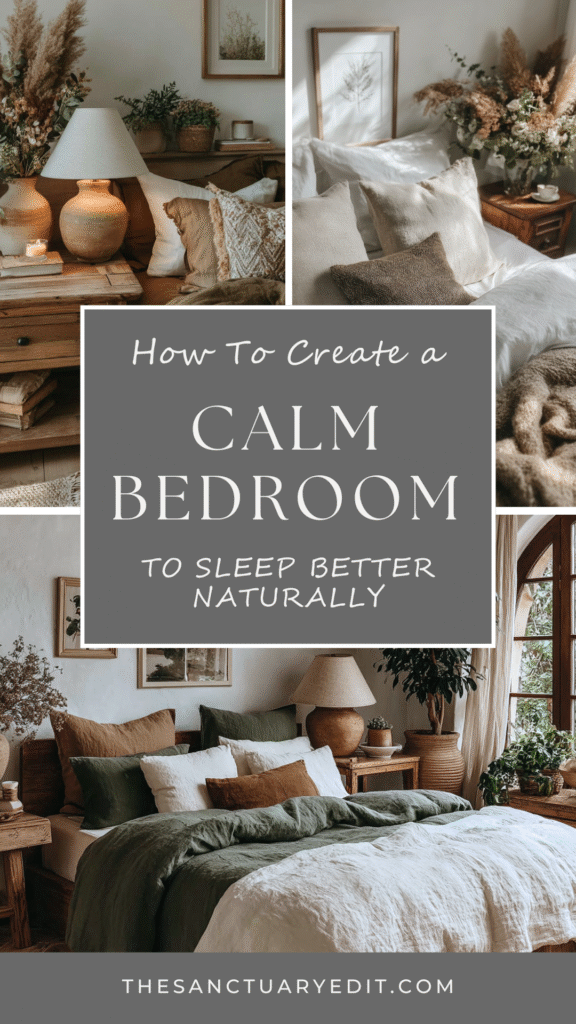 calm-bedroom-better-sleep Create a calming bedroom for better sleep with natural decor and earthy tones. Tips at thesanctuaryedit.com.