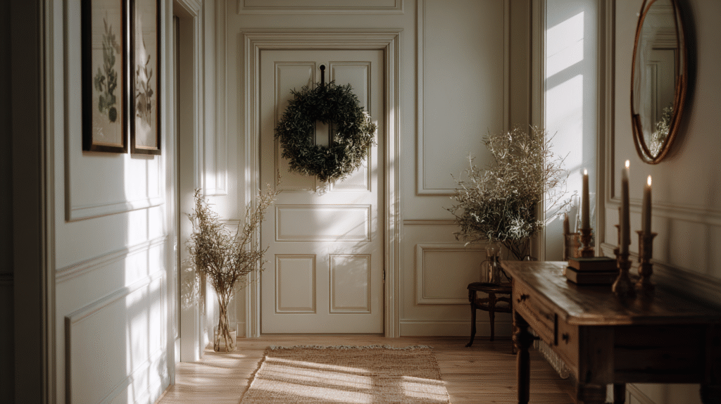 Elegant entryway with a green wreath on door, natural decor, candles, and soft sunlight through a window.