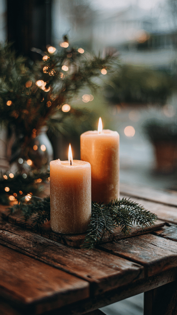 christmas-apartment-decor-candles Cozy wooden table with two lit candles and festive greenery, creating a warm and peaceful holiday atmosphere.