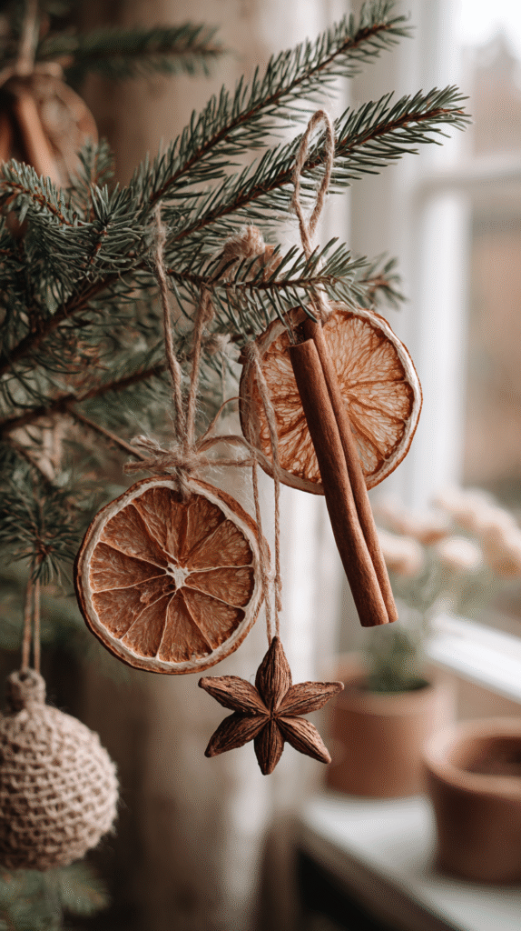 christmas-apartment-decor-ornaments Rustic Christmas tree decor with dried orange slices, cinnamon sticks, and star anise on evergreen branches.